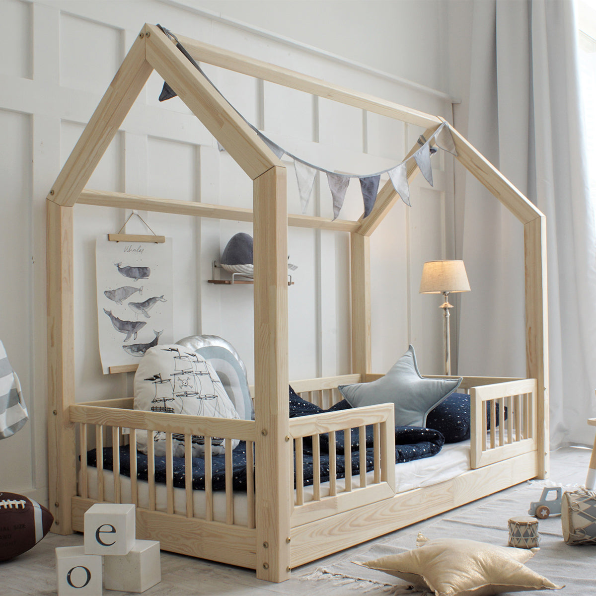 Lit cabane 80x160 barrières et sommier inclus pieds 1 cm Sofia Bois - vue 3