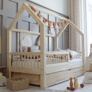 Lit cabane 90x190 barrière sommier et tiroir inclus Sofia Bois