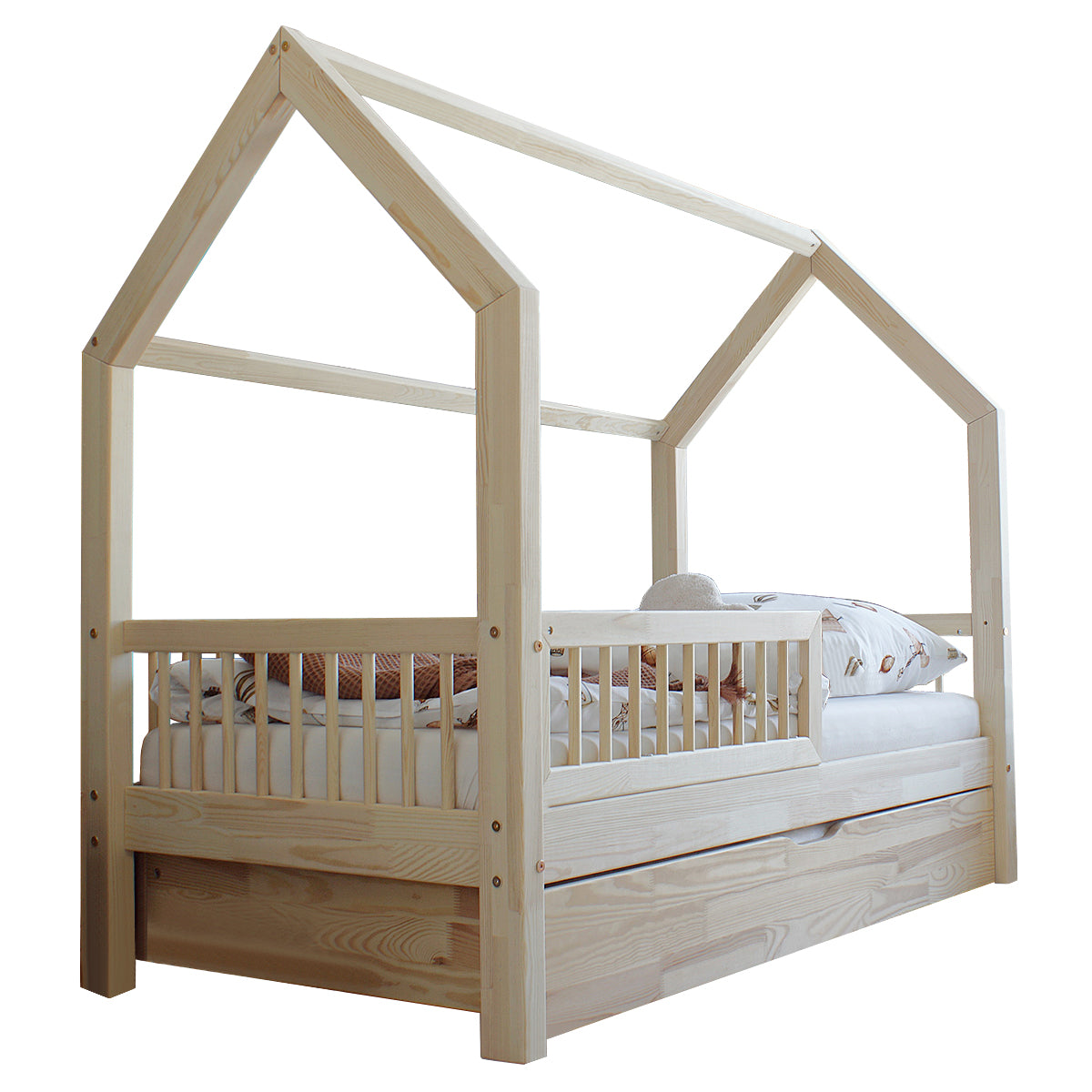 Lit cabane 90x190 barrière sommier et tiroir inclus Sofia Bois - vue 2