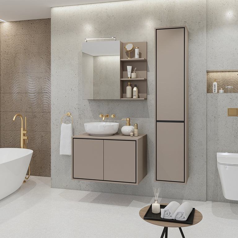 Ensemble meuble sous-vasque 80 cm colonne et armoire miroir Sophéa Taupe