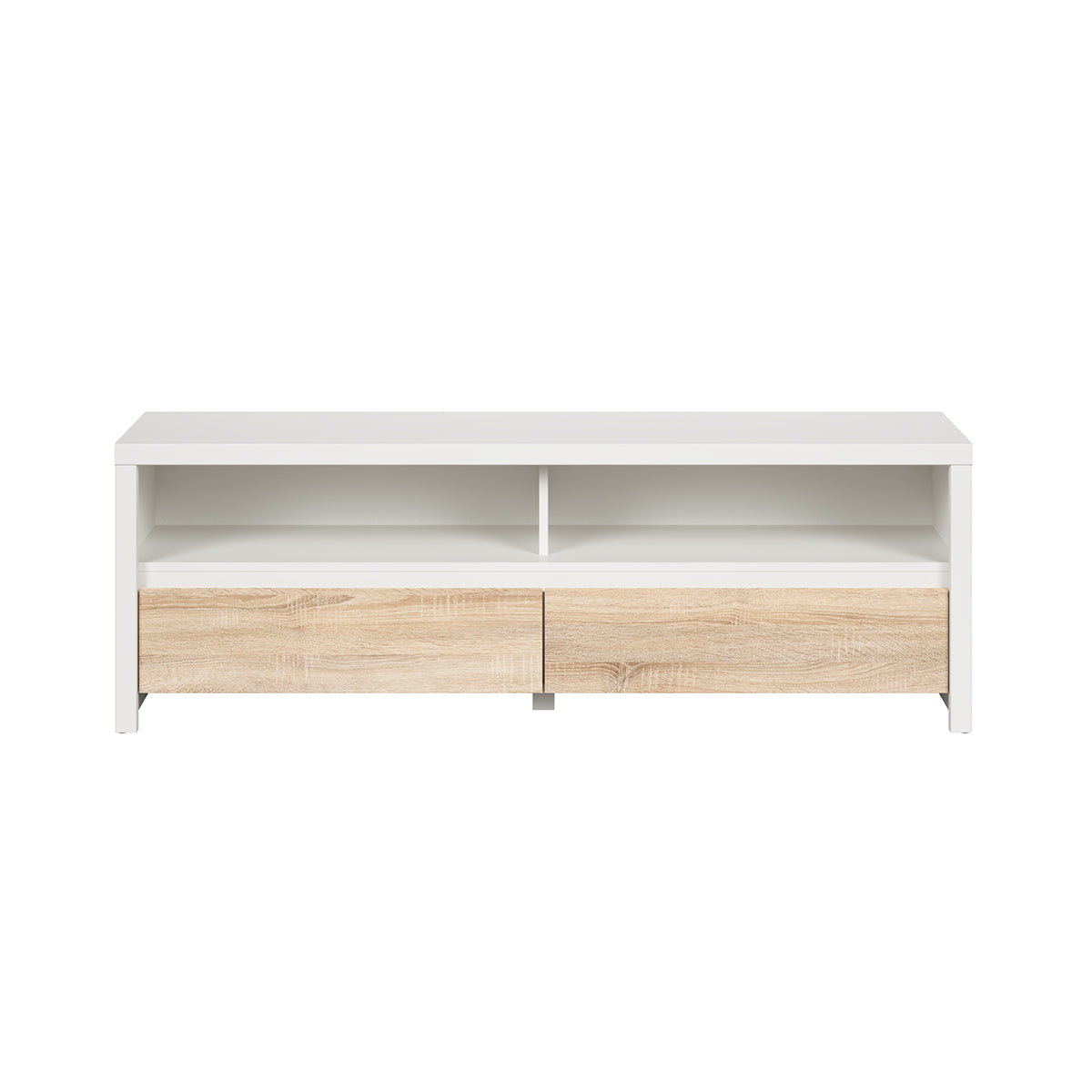 Meuble TV 2 tiroirs 2 niches 143 cm Soren Blanc et Bois