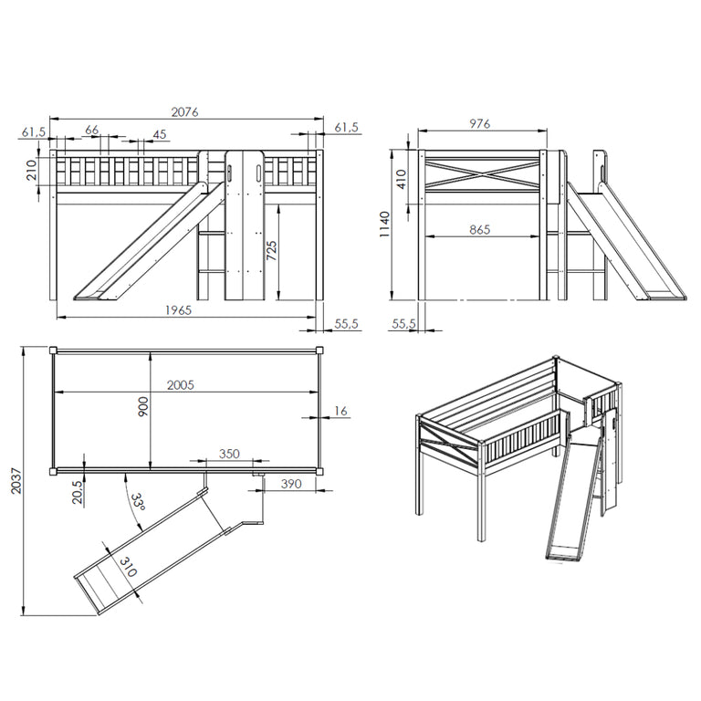 Lit mi-hauteur 90x200 toboggan sommier inclus Vipack Scott Blanc - vue 5