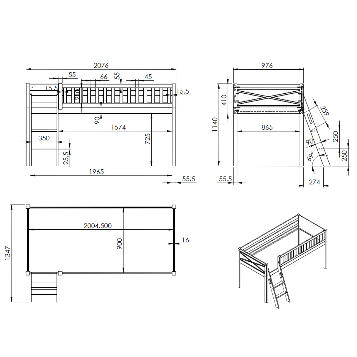 Lit mi-hauteur 90x200 sommier inclus Vipack Scott Blanc - vue 5
