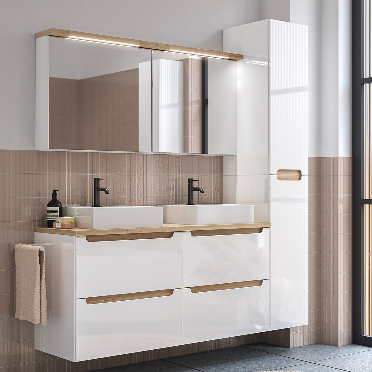 Meuble double vasque 120cm 4 tiroirs Livia Blanc et Bois - vue 2