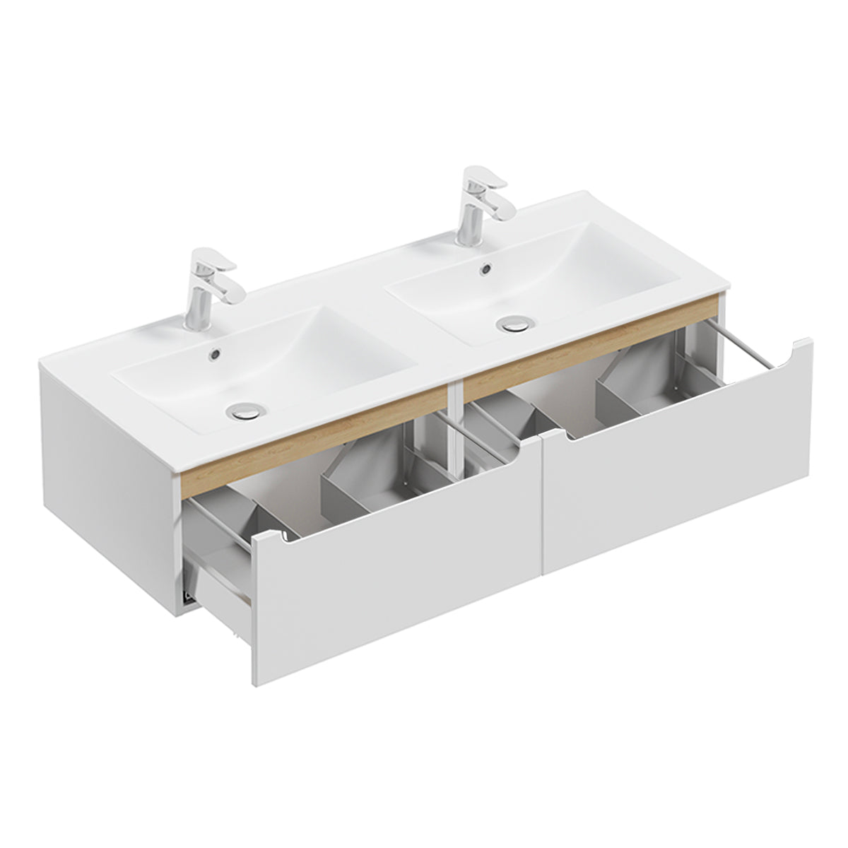 Ensemble meuble double vasque encastrée 120cm 2 tiroirs et colonne Livia Blanc et Bois - vue 3