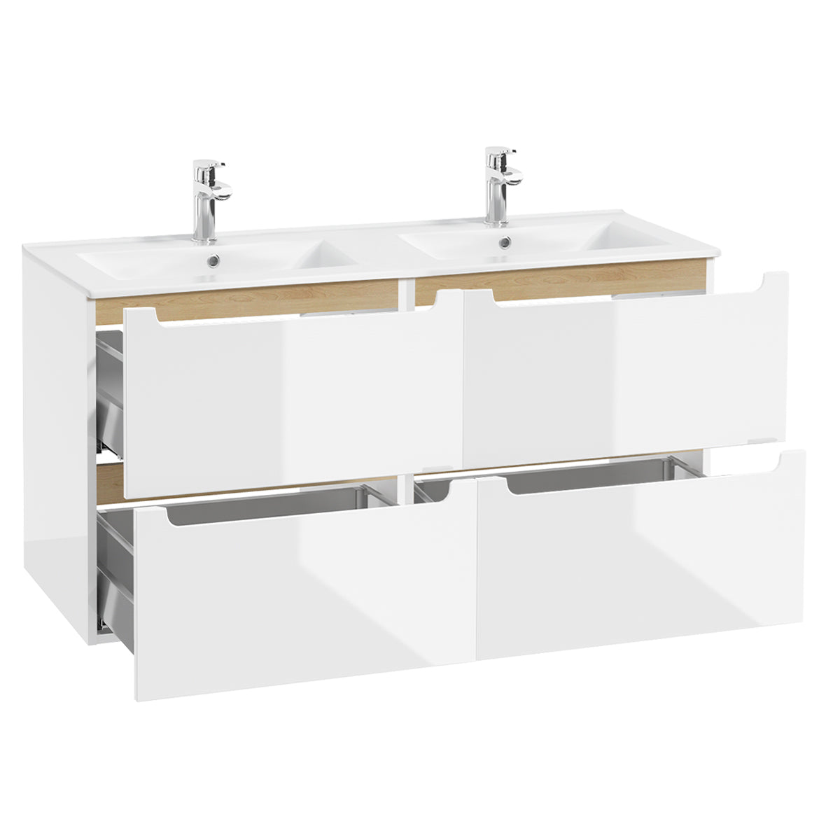 Meuble double vasque encastrée 120cm 4 tiroirs Livia Blanc et Bois - vue 2
