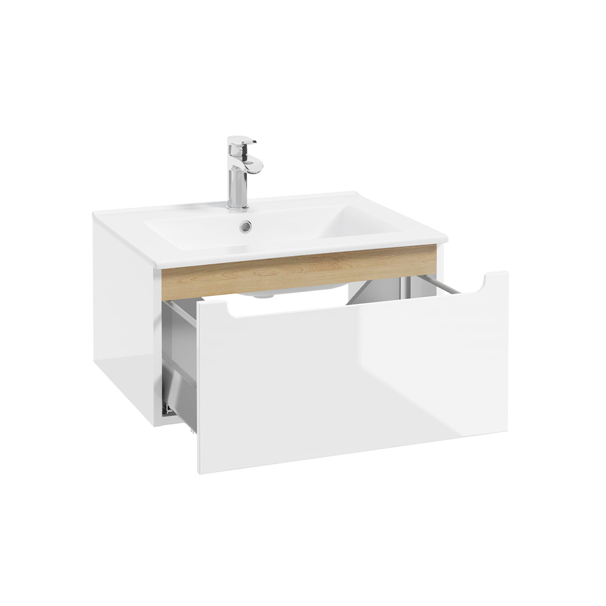 Meuble simple vasque encastrée 60cm 1 tiroir Livia Blanc et Bois - vue 2