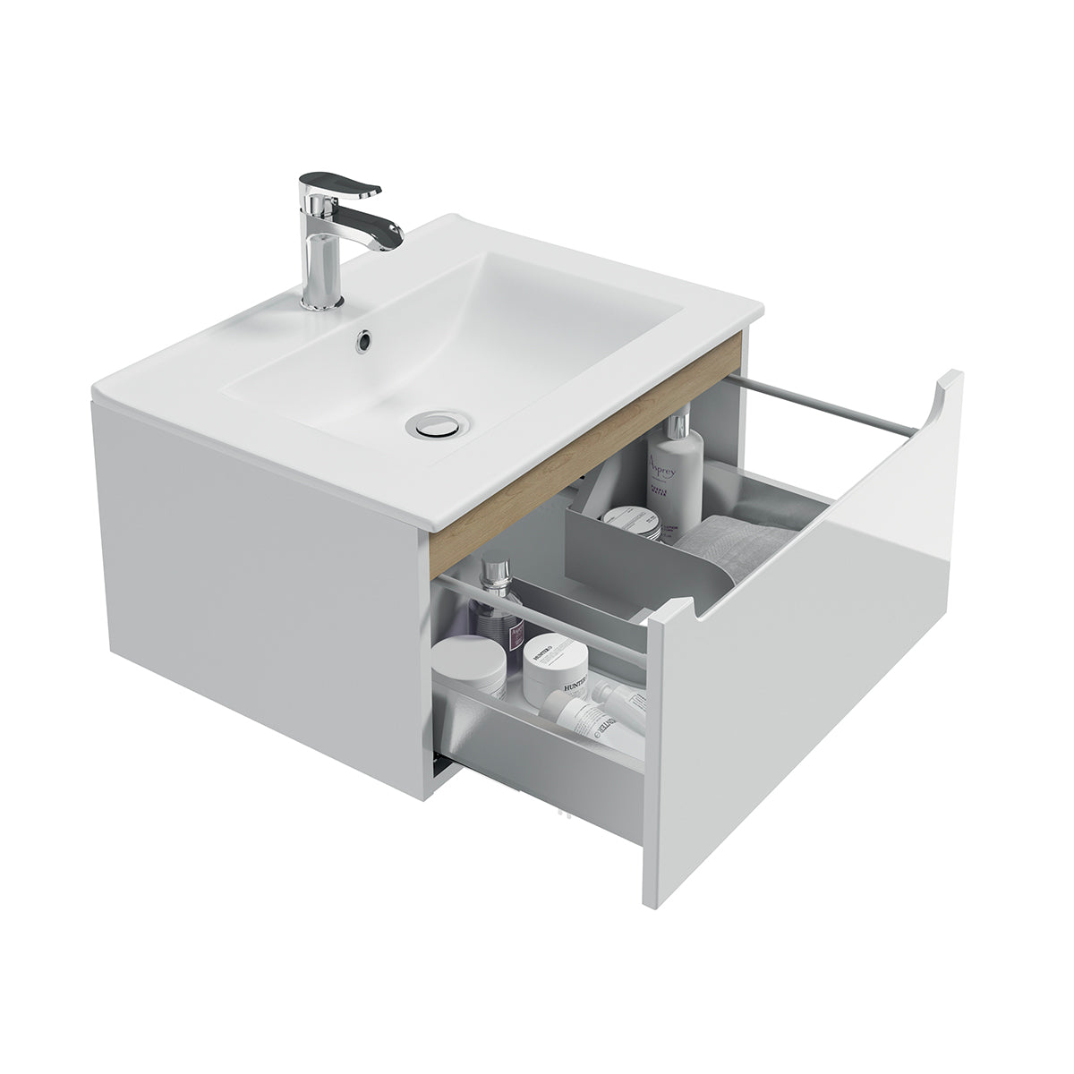 Meuble simple vasque encastrée 60cm 1 tiroir Livia Blanc et Bois - vue 3