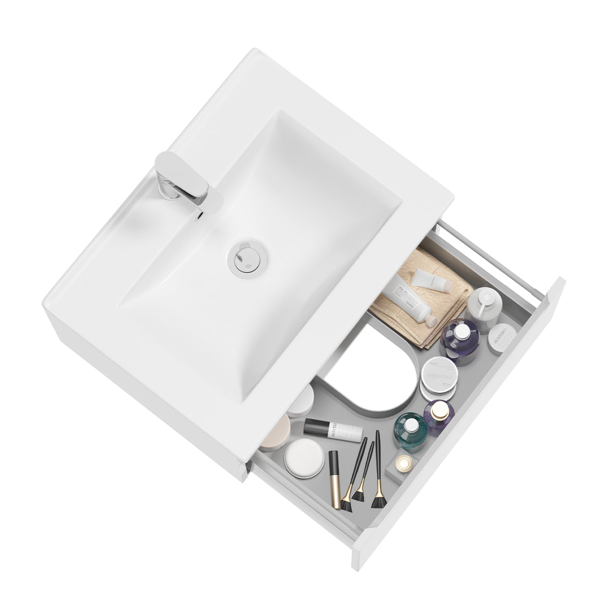 Meuble simple vasque encastrée 60cm 1 tiroir Livia Blanc et Bois - vue 4