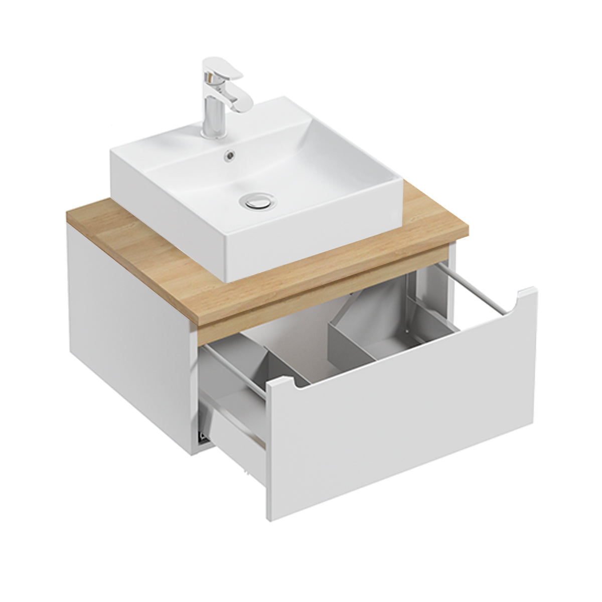 Meuble simple vasque 60cm 1 tiroir Livia Blanc et Bois - vue 2