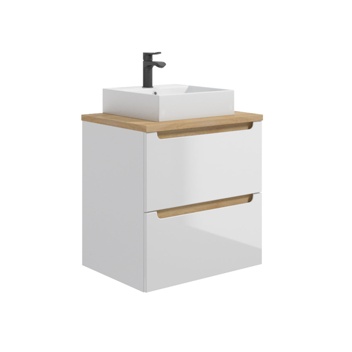 Ensemble meuble simple vasque 60cm 2 tiroirs et colonne Livia Blanc et Bois - vue 2