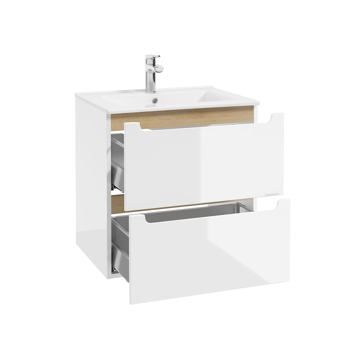 Meuble simple vasque encastrée 60cm 2 tiroirs Livia Blanc et Bois - vue 2
