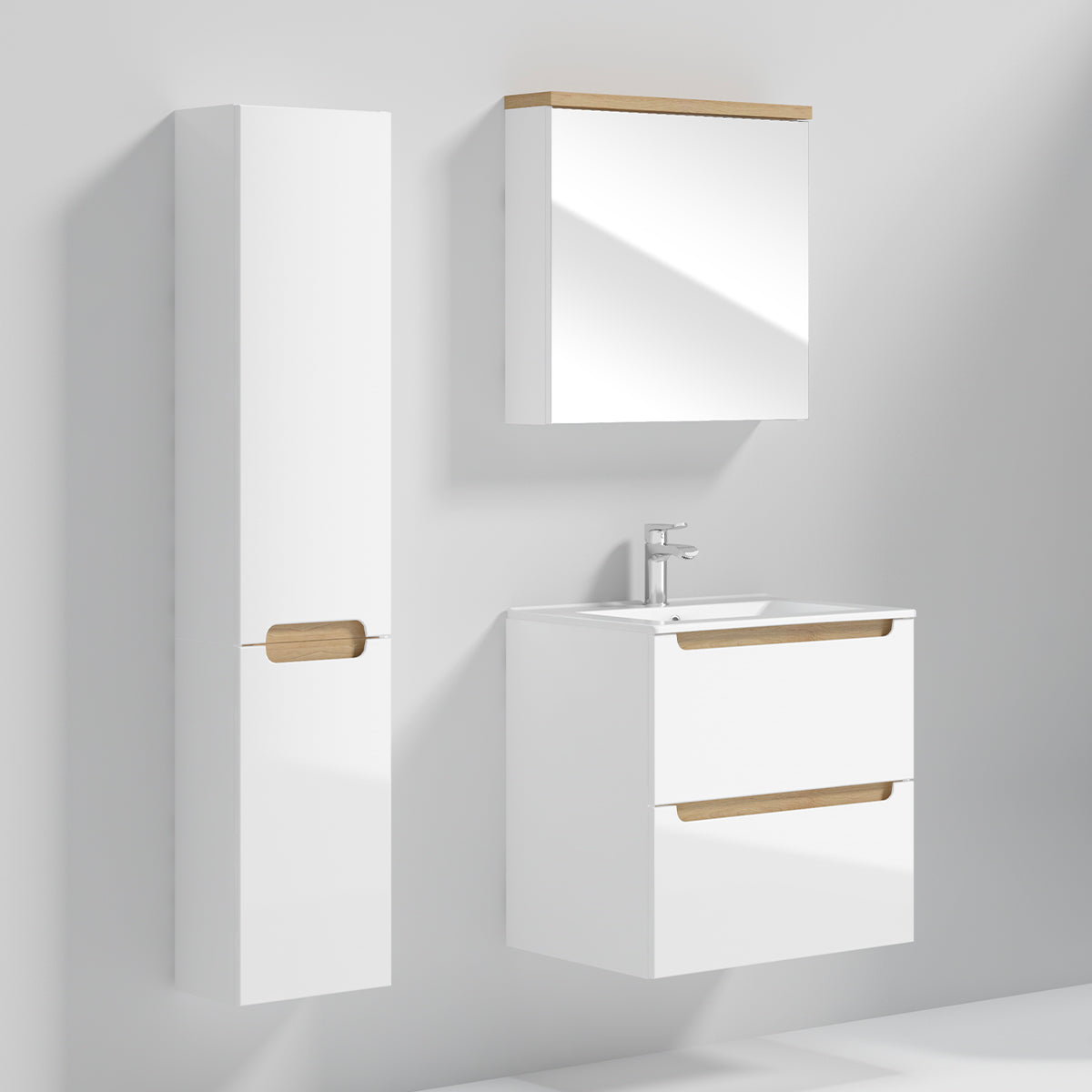 Meuble simple vasque encastrée 60cm 2 tiroirs Livia Blanc et Bois - vue 4