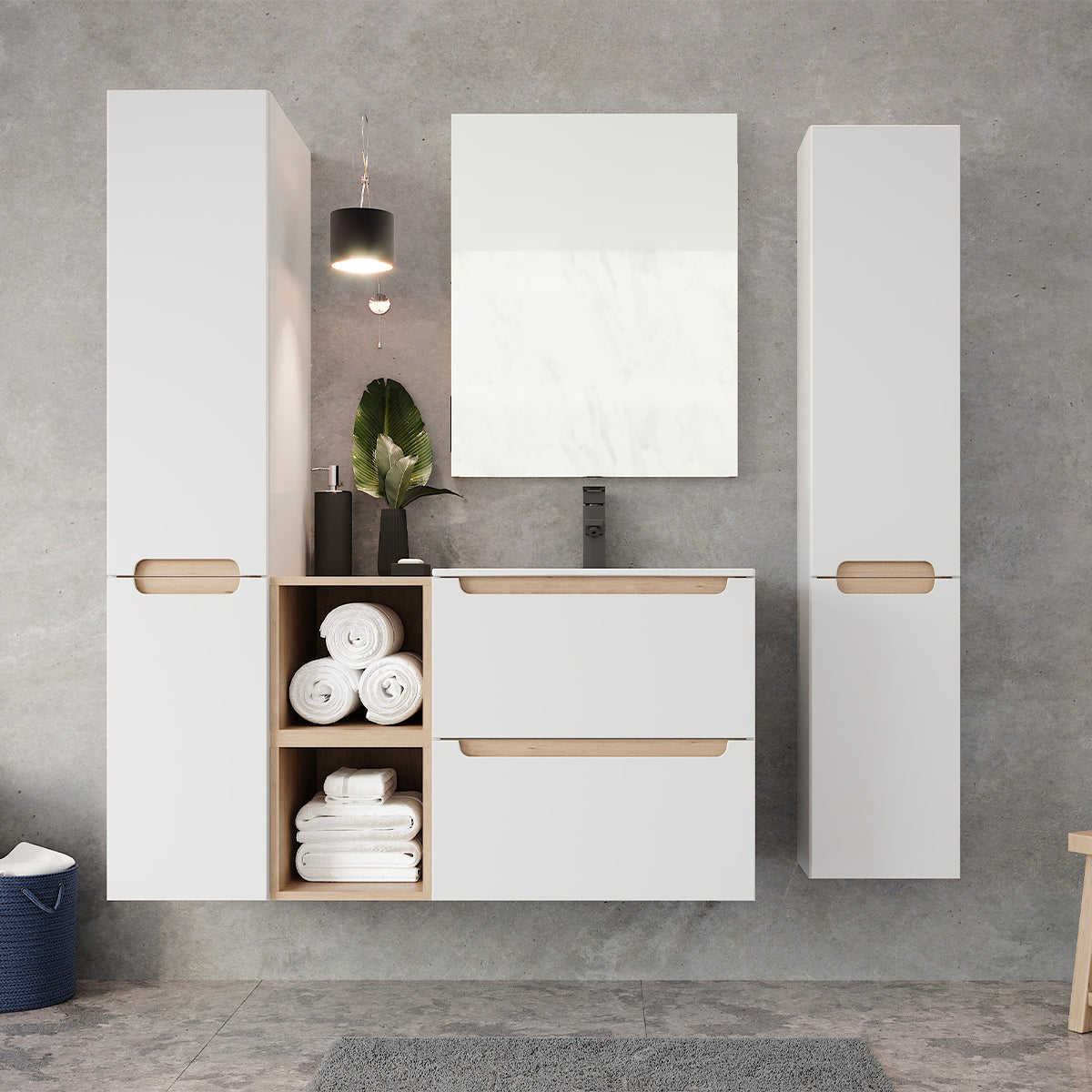 Meuble simple vasque encastrée 60cm 2 tiroirs Livia Blanc et Bois - vue 5