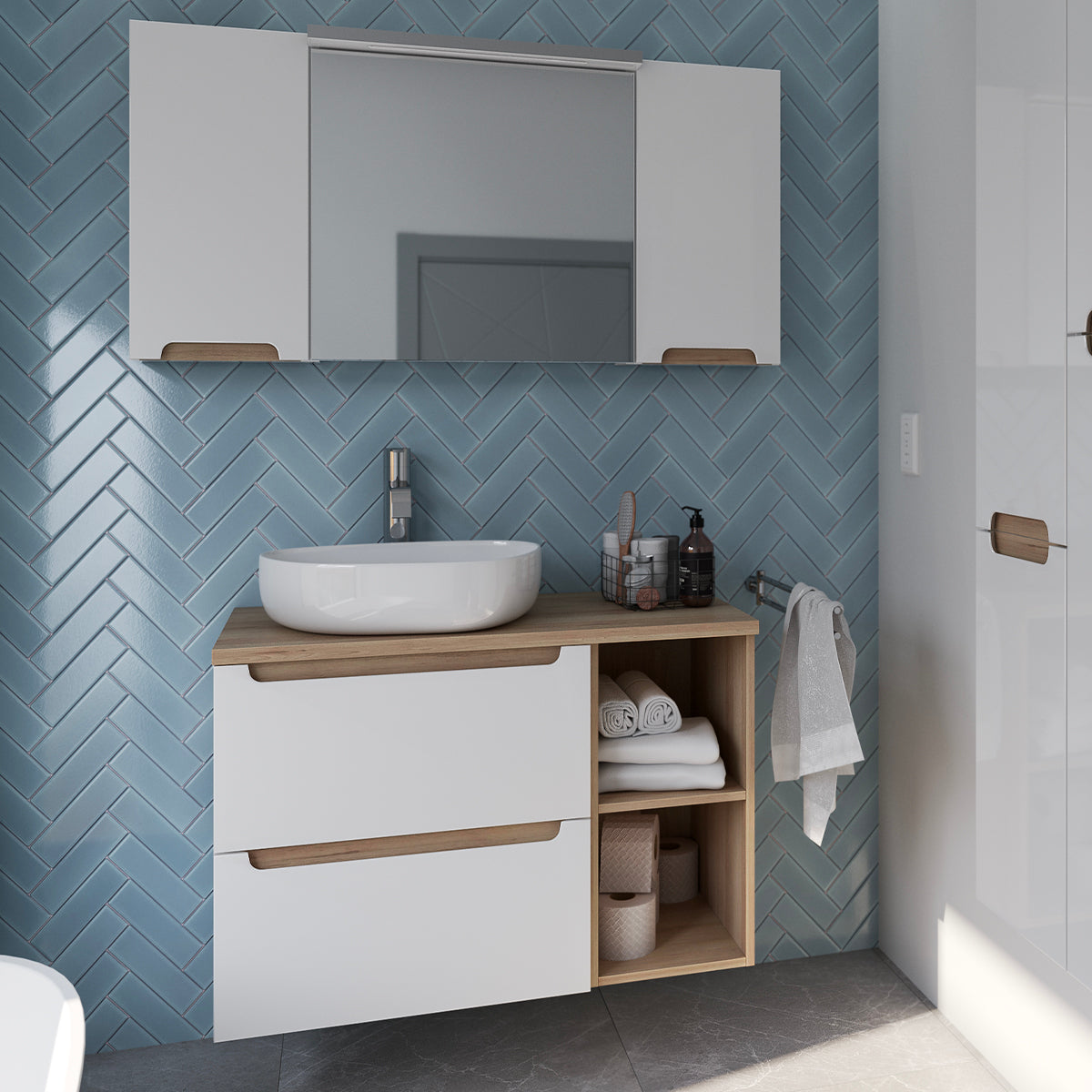 Meuble sous-vasque 90cm 2 niches Livia Blanc et Bois - vue 2