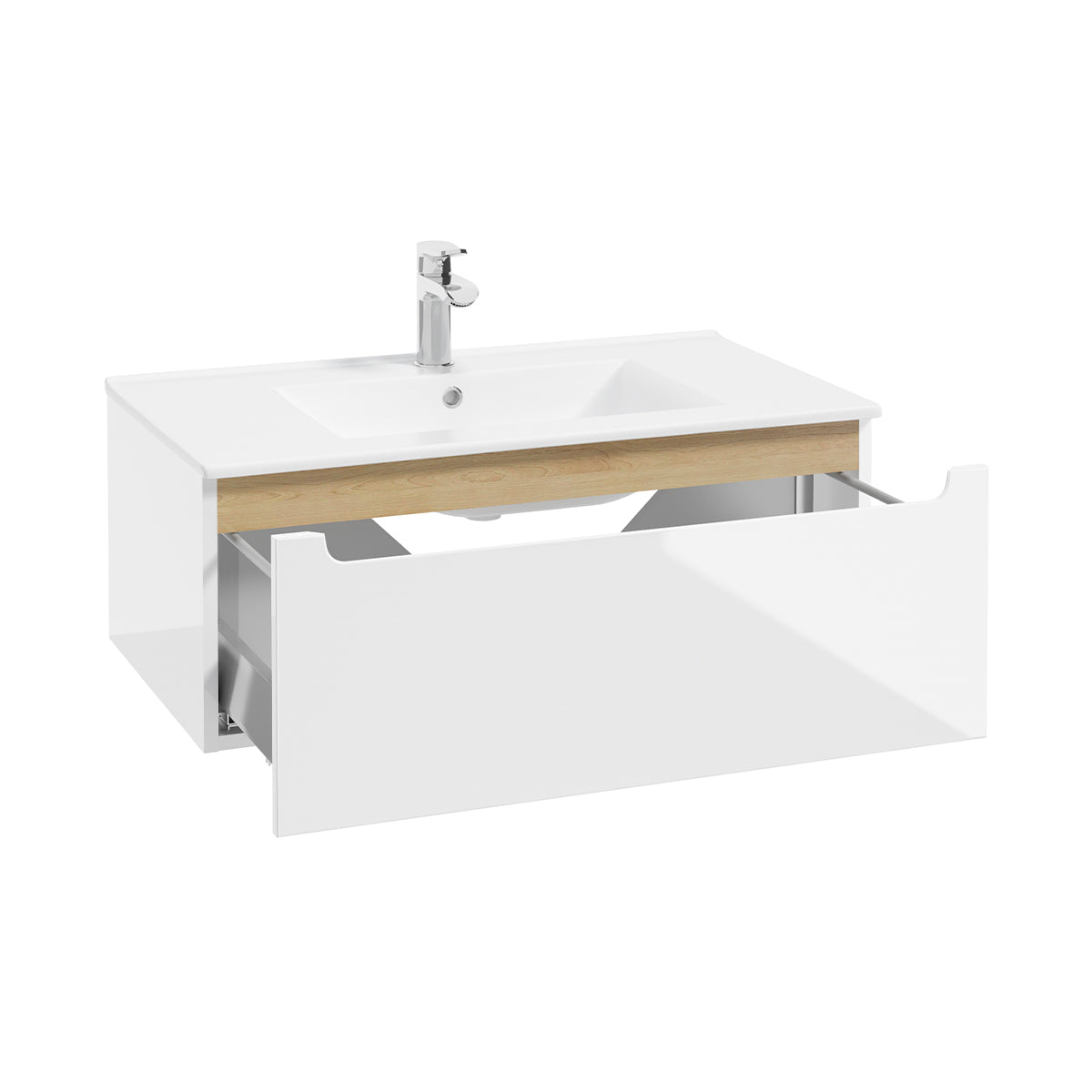 Meuble simple vasque encastrée 80cm 1 tiroir Livia Blanc et Bois - vue 2