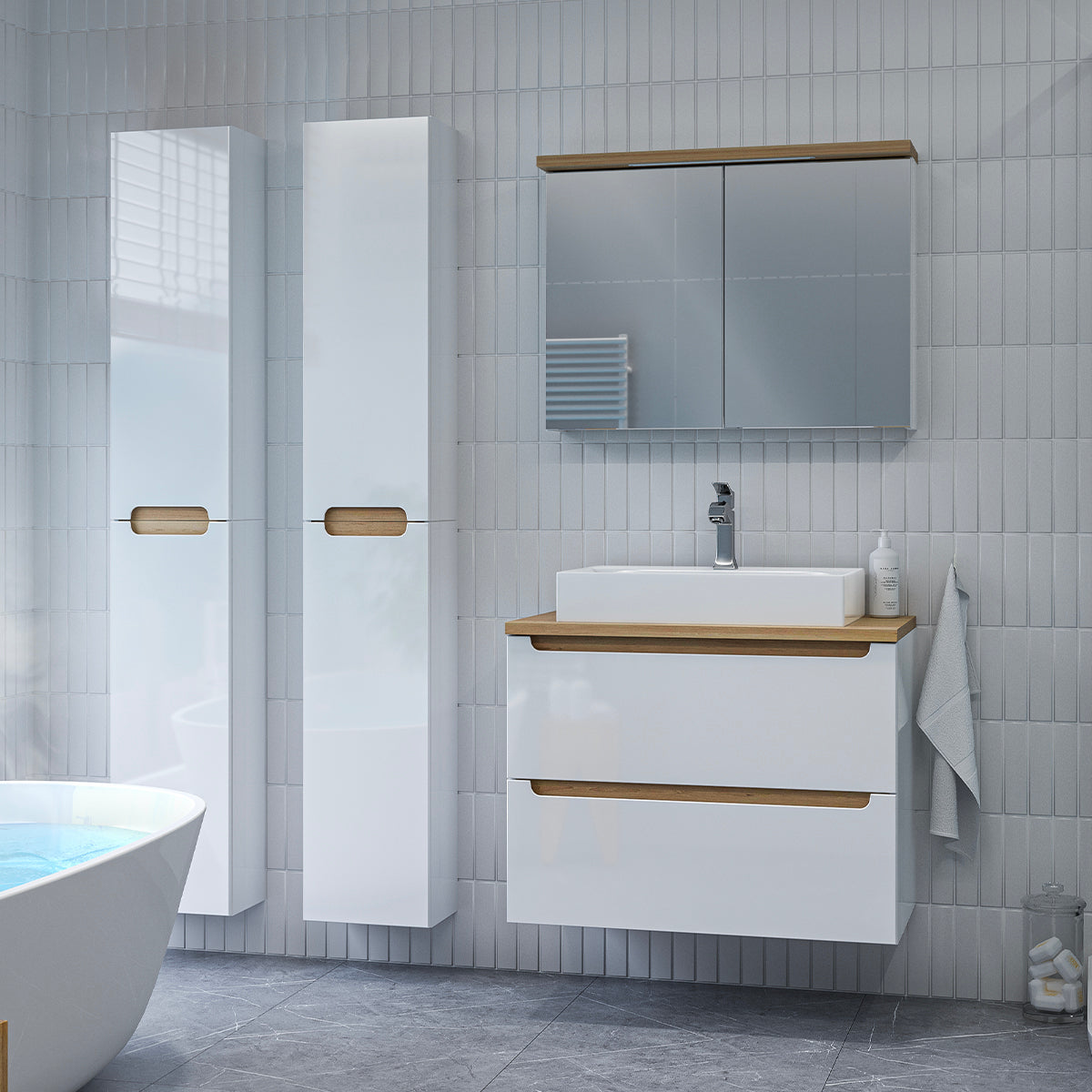 Meuble sous-vasque 80cm 2 tiroirs plan de toilette Livia Blanc et Bois - vue 5
