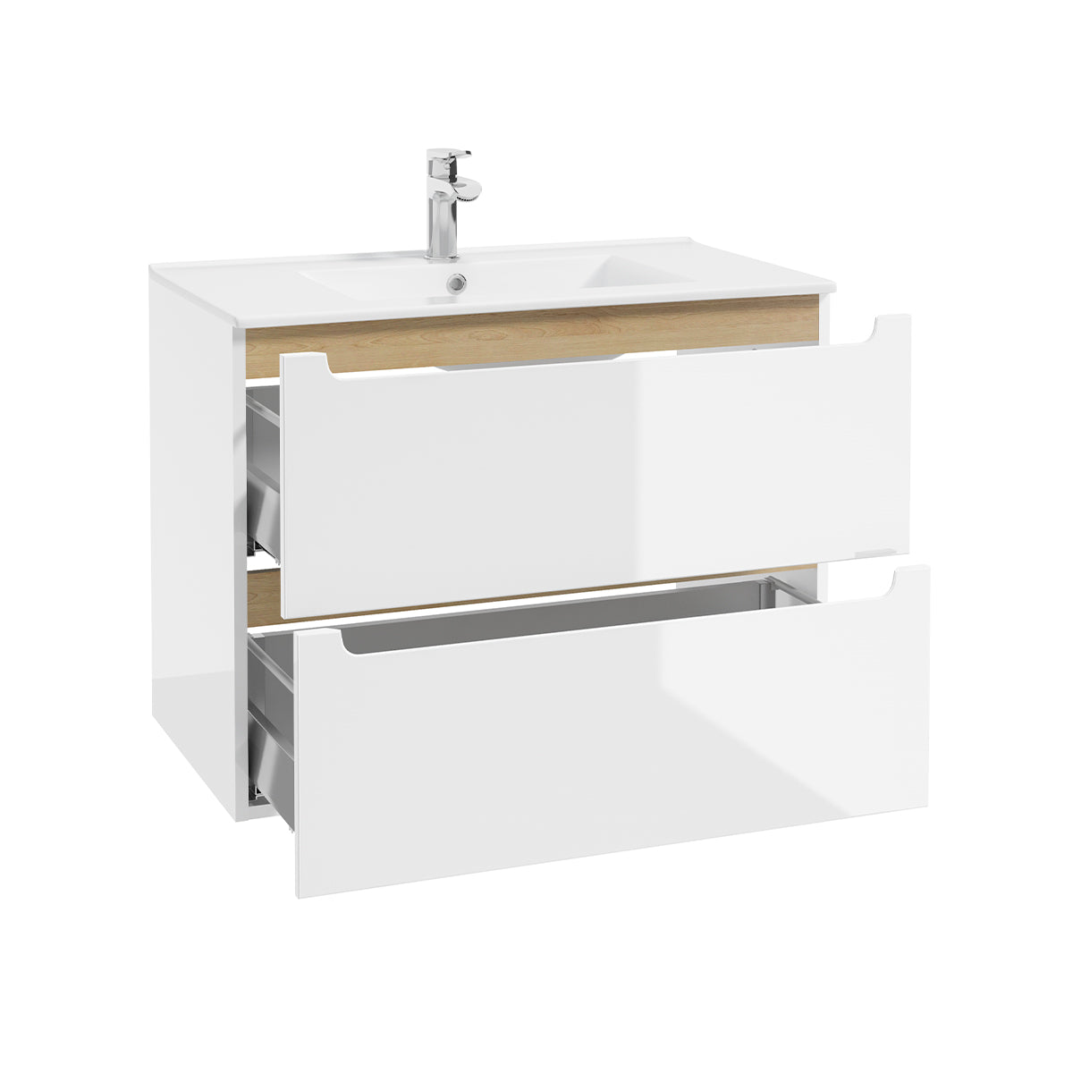Ensemble meuble simple vasque encastrée 80cm 2 tiroirs et colonne Livia Blanc et Bois - vue 3