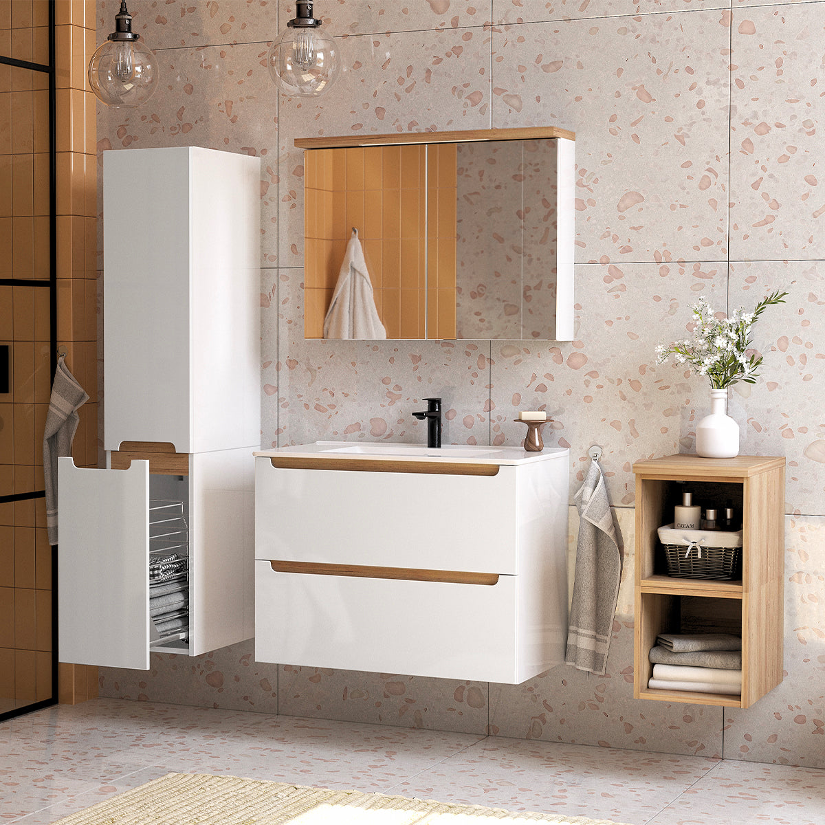 Meuble simple vasque encastrée 80cm 2 tiroirs Livia Blanc et Bois - vue 4