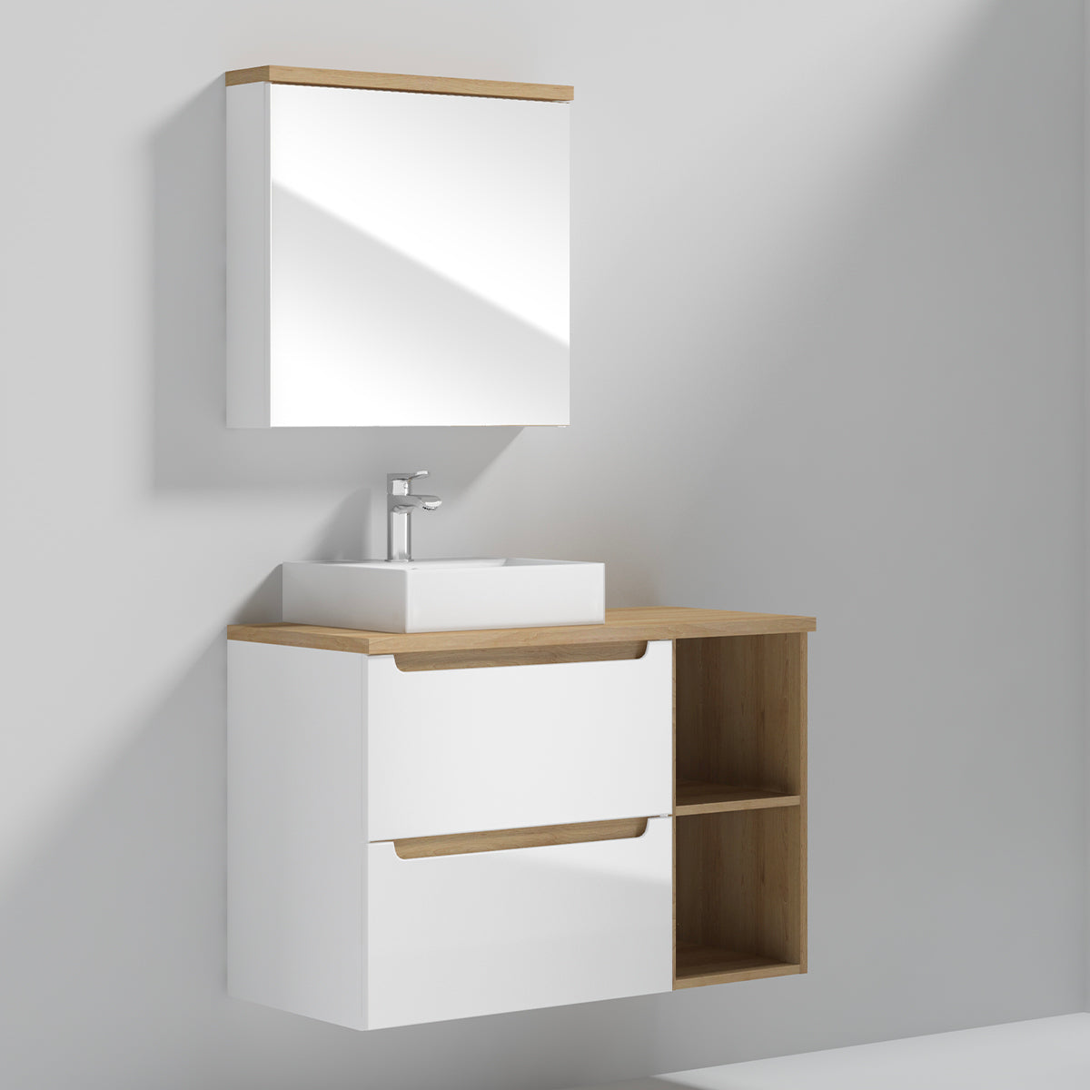 Meuble simple vasque 90cm 2 niches Livia Blanc et Bois - vue 2