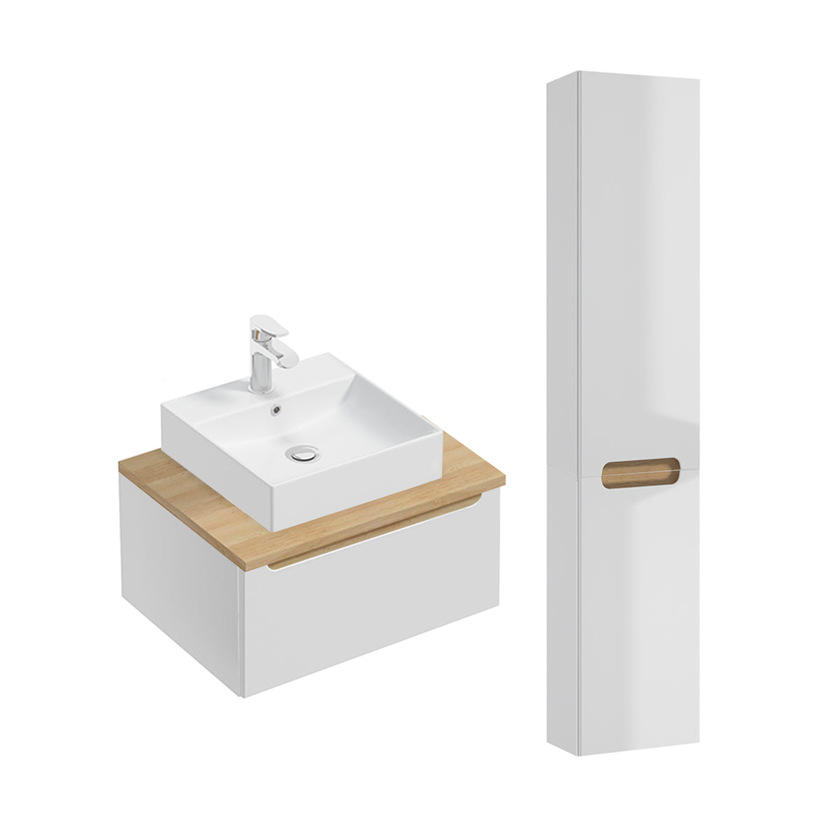 Ensemble meuble simple vasque 60cm 1 tiroir et colonne Livia Blanc et Bois