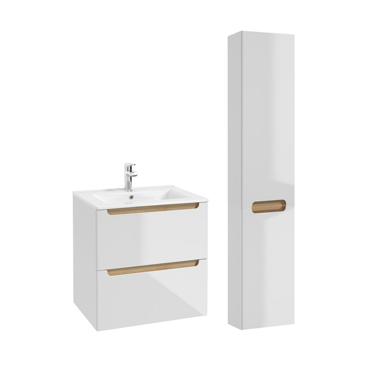 Ensemble meuble simple vasque encastrée 60cm 2 tiroirs et colonne Livia Blanc et Bois - vue 2