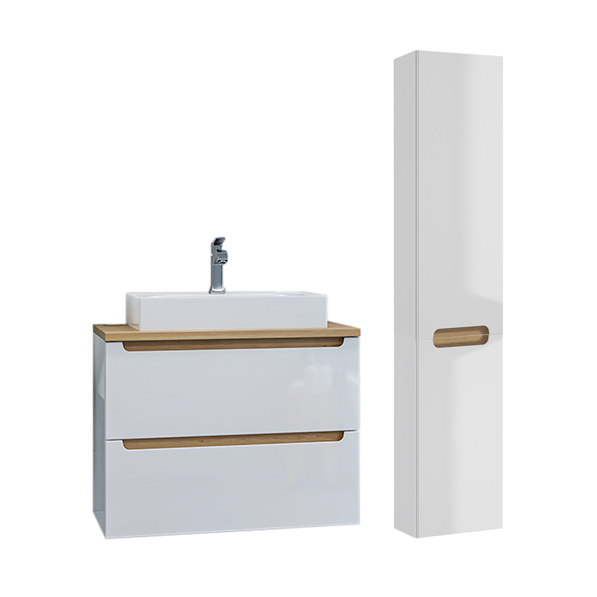 Ensemble meuble simple vasque 80cm 2 tiroirs et colonne Livia Blanc et Bois - vue 2