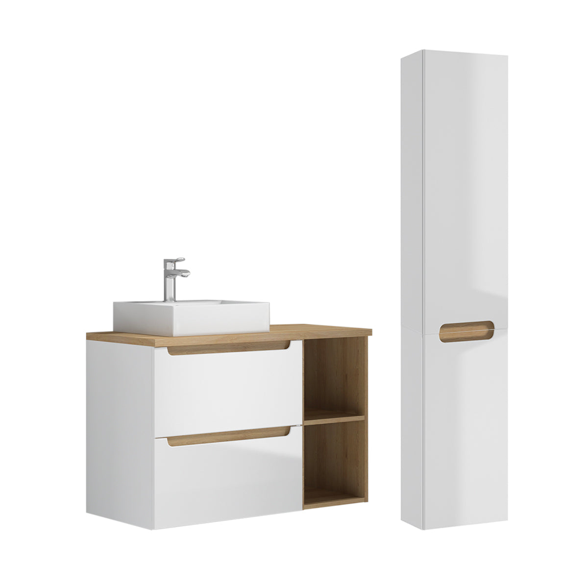 Ensemble meuble simple vasque 90cm 2 niches et colonne Livia Blanc et Bois - vue 2