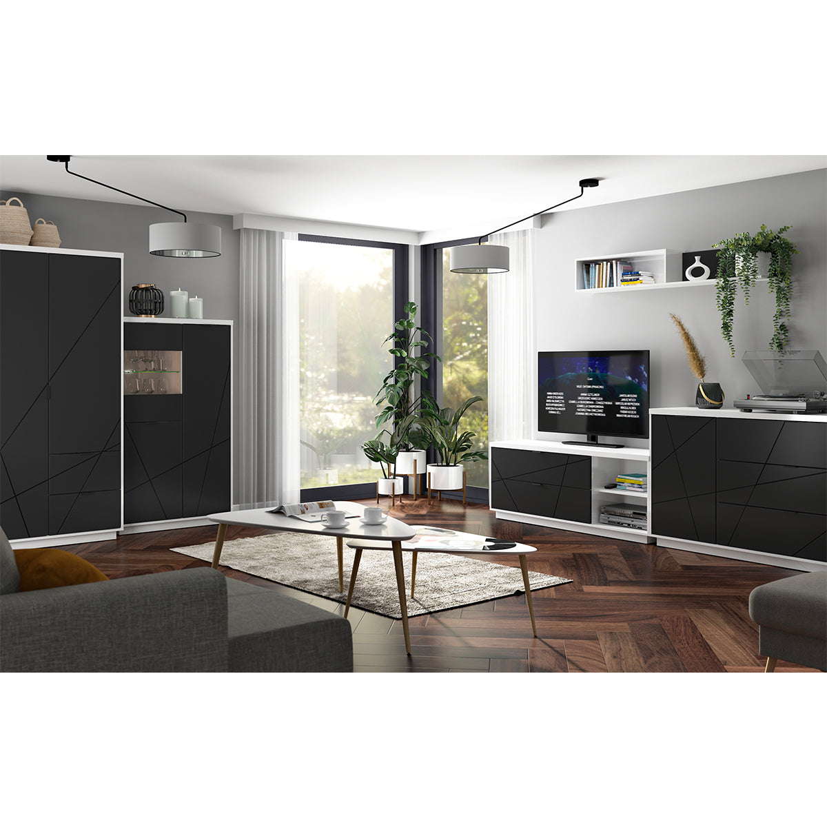 Meuble TV 2 tiroirs 2 niches 156 cm Sven Noir et Blanc - vue 5