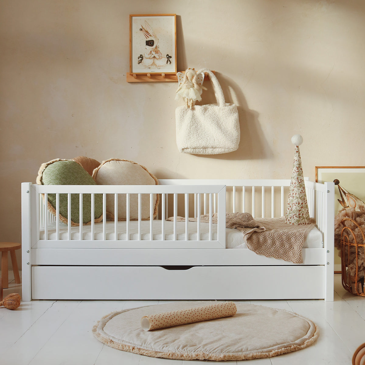 Lit 90x190 barrière sommier et tiroir inclus Sybil Blanc