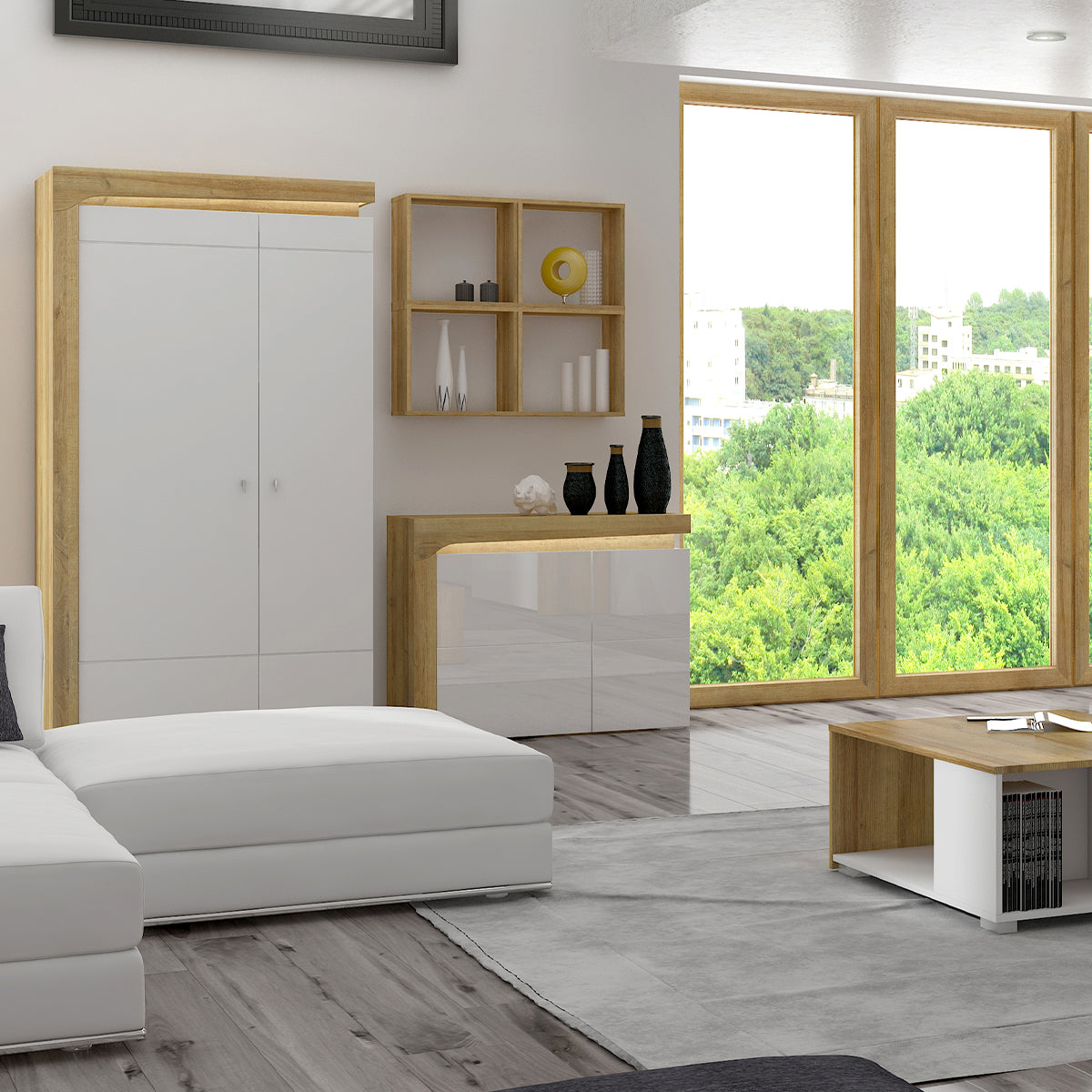 Armoire 2 portes LED inclus Teo Blanc et Bois - vue 3