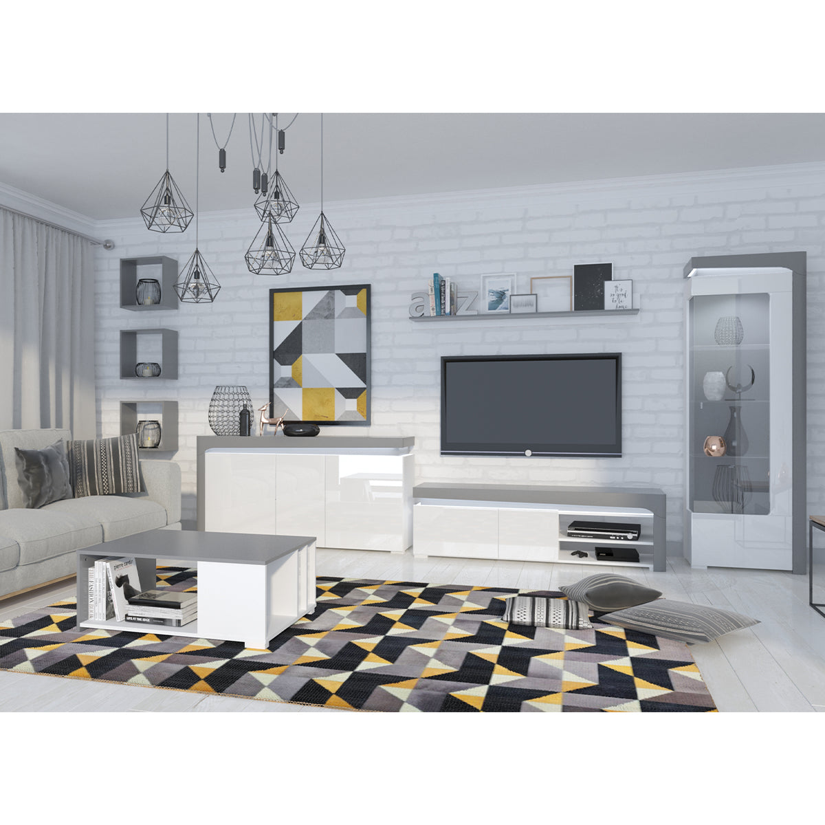 Buffet 2 portes 4 tiroirs LED inclus Teo Blanc et Gris - vue 3