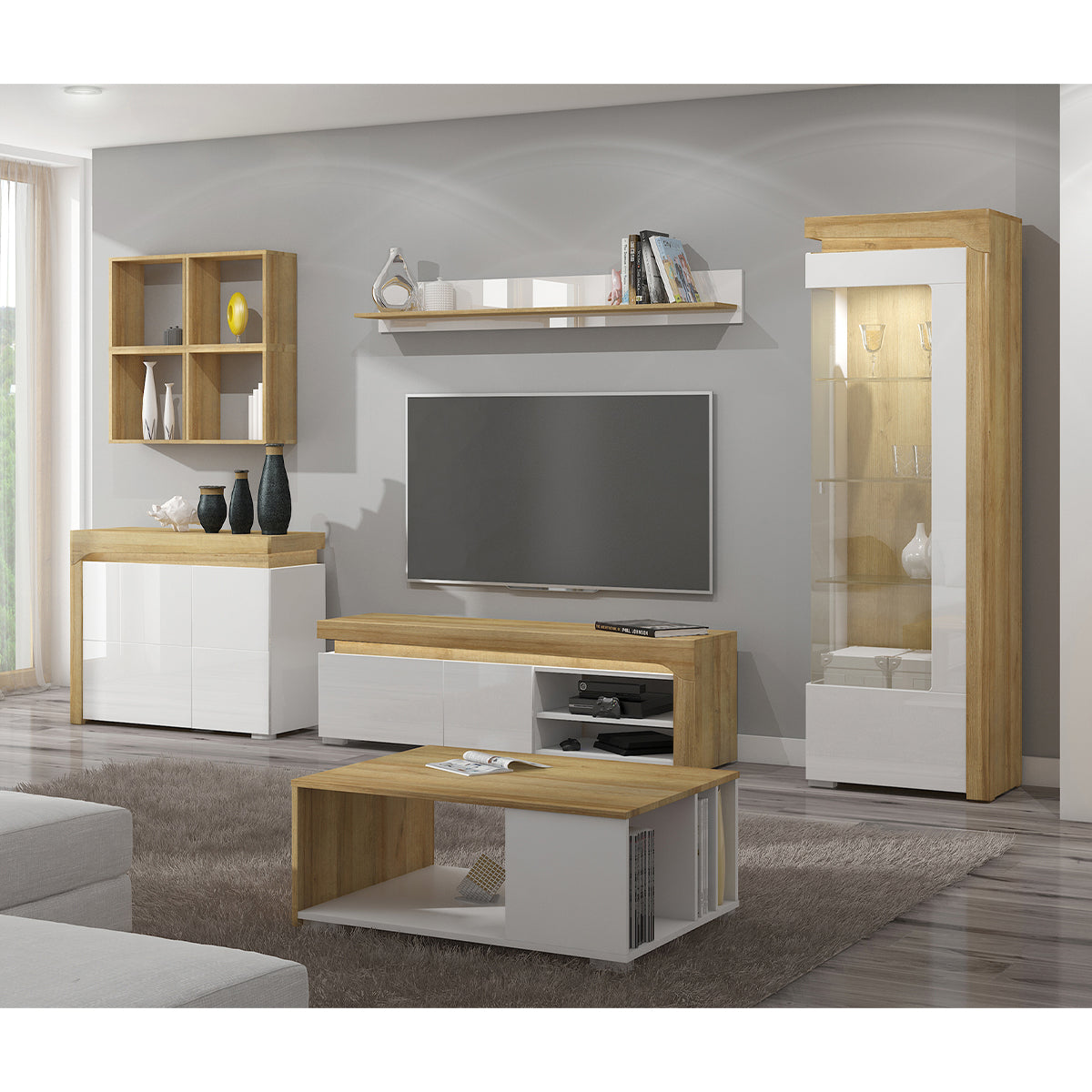 Vitrine 1 porte ouverture droite LED inclus Teo Blanc et Bois - vue 3