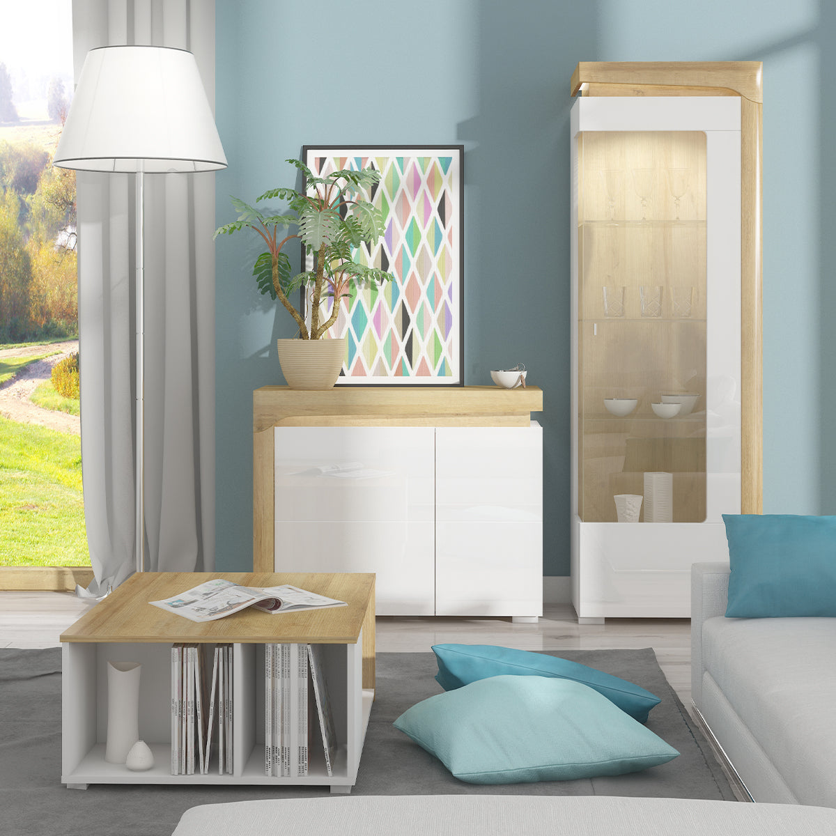 Buffet 2 portes LED inclus Teo Blanc et Bois - vue 2