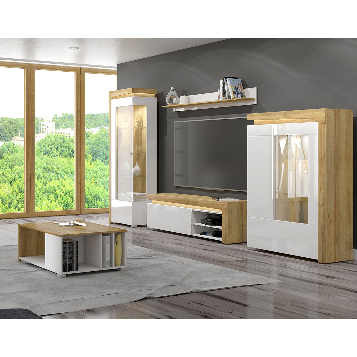Vaisselier 2 portes droite LED inclus Teo Blanc et Bois - vue 3