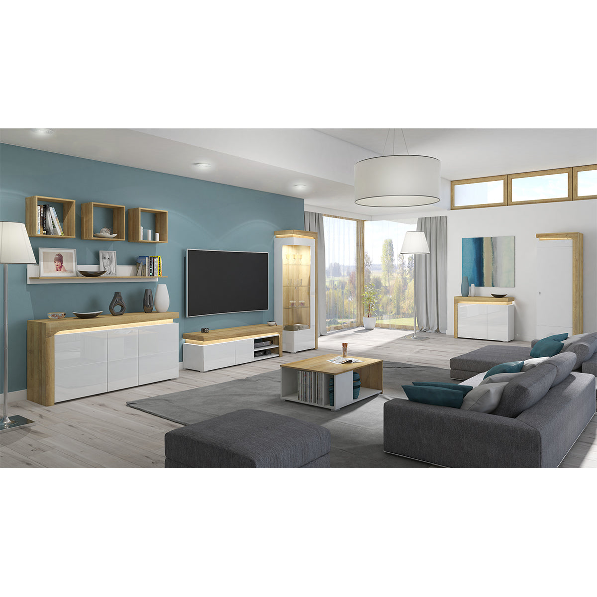 Vitrine 1 porte ouverture droite LED inclus Teo Blanc et Bois - vue 4