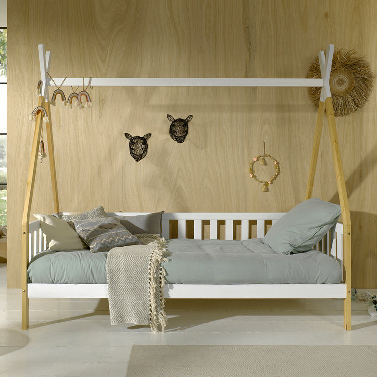 Lit tipi barrière 90x200 sommier inclus Vipack - Bois et blanc - vue 3