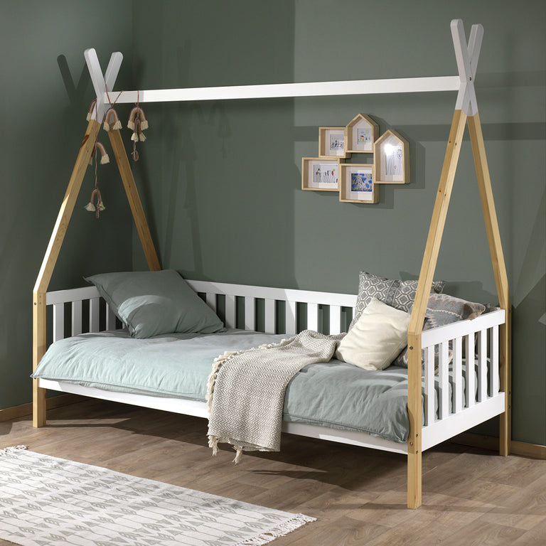 Lit tipi barrière 90x200 sommier inclus Vipack - Bois et blanc - vue 4