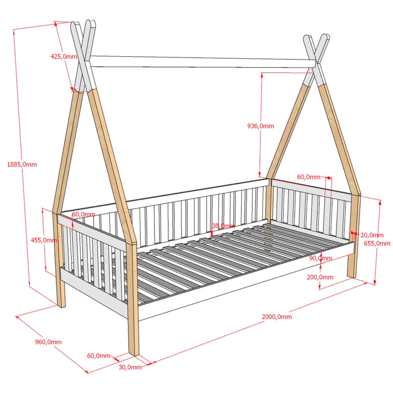 Lit tipi barrière 90x200 sommier et tiroir inclus Vipack - Bois - vue 6