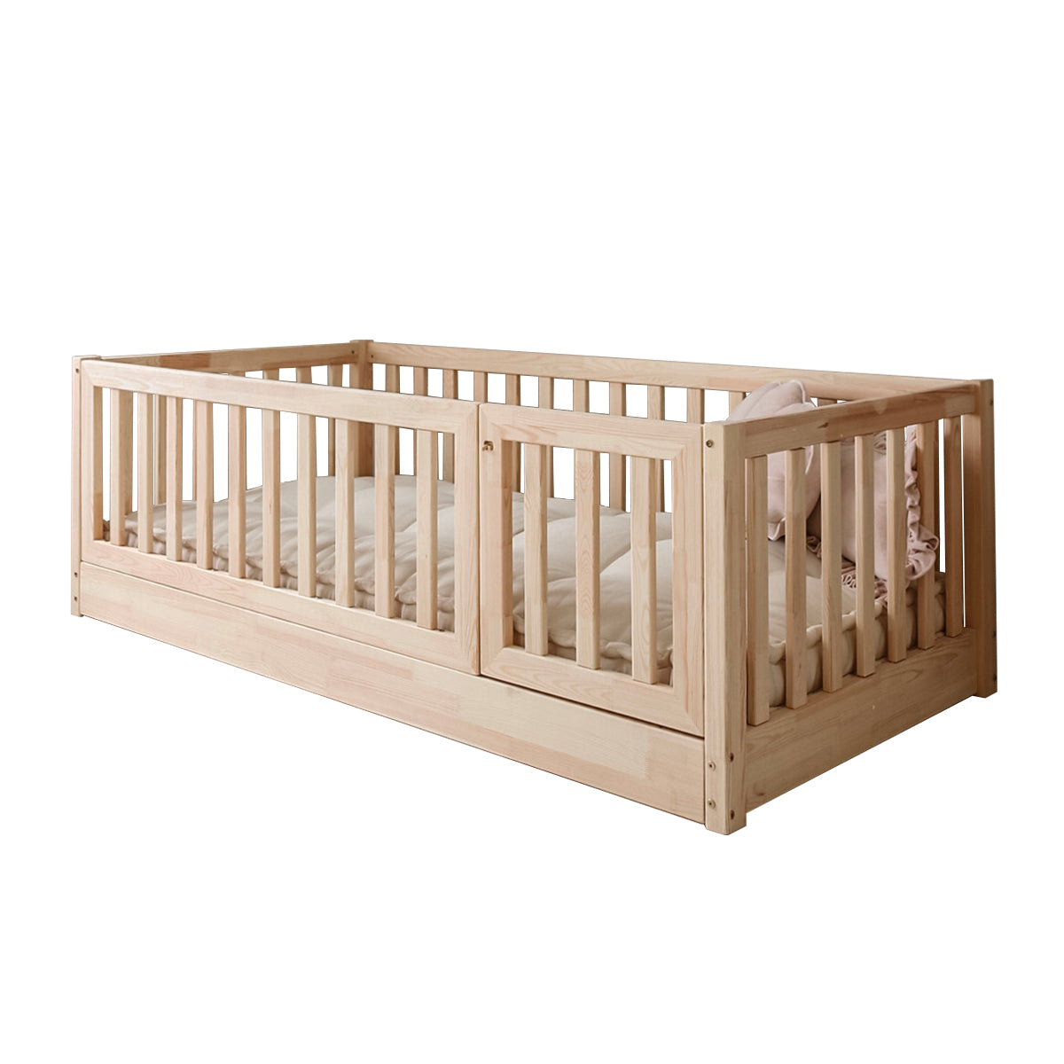 Lit au sol 120x200 entrée droite barrière et sommier inclus Bambino Bois - vue 2