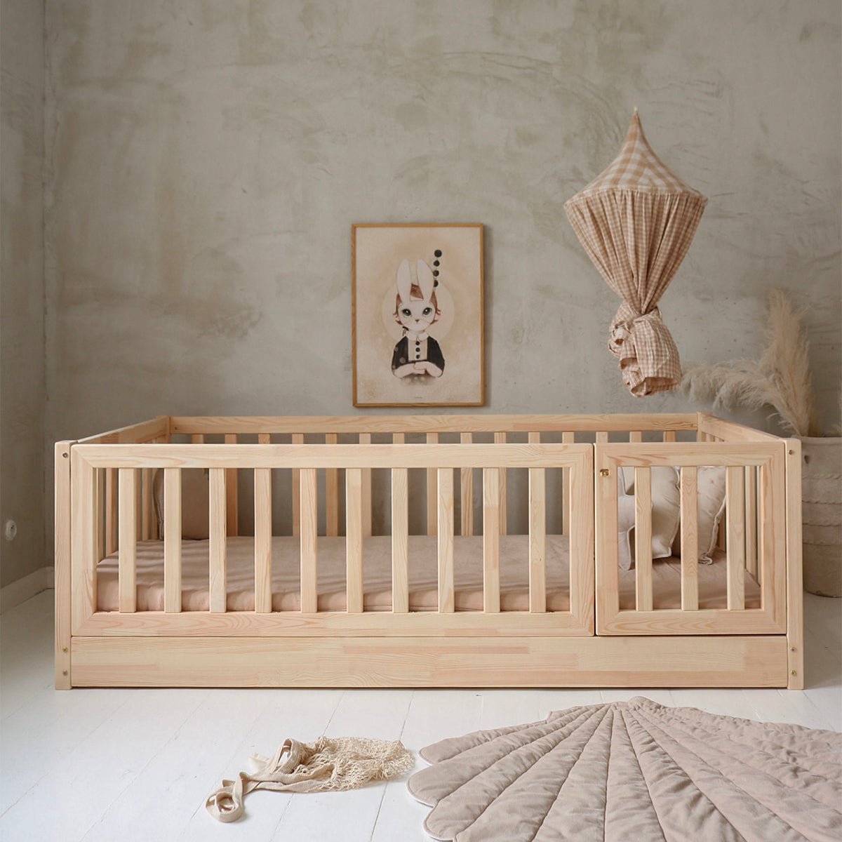 Lit au sol 120x200 entrée droite barrière et sommier inclus Bambino Bois - vue 3