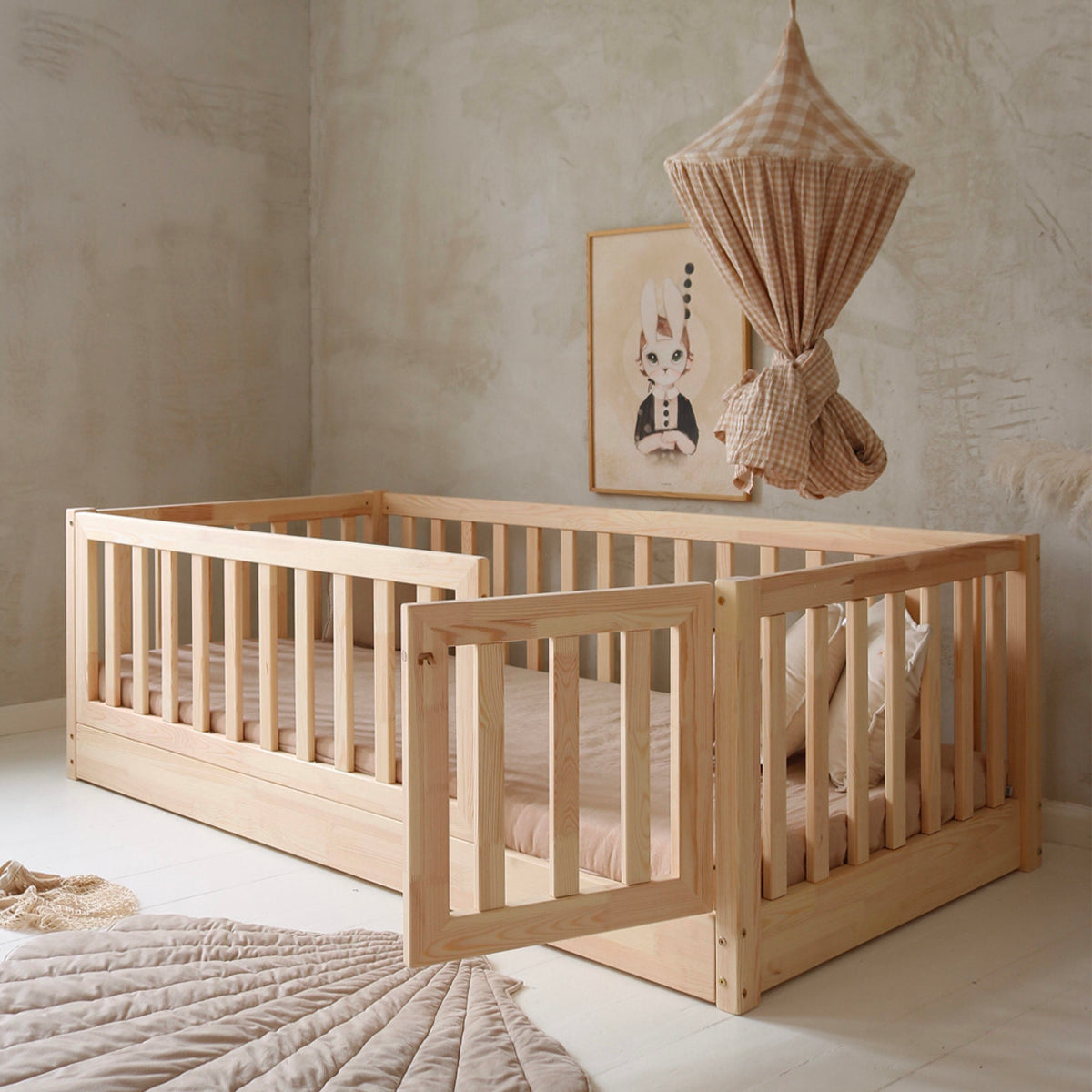 Lit au sol 120x200 entrée droite barrière et sommier inclus Bambino Bois - vue 4