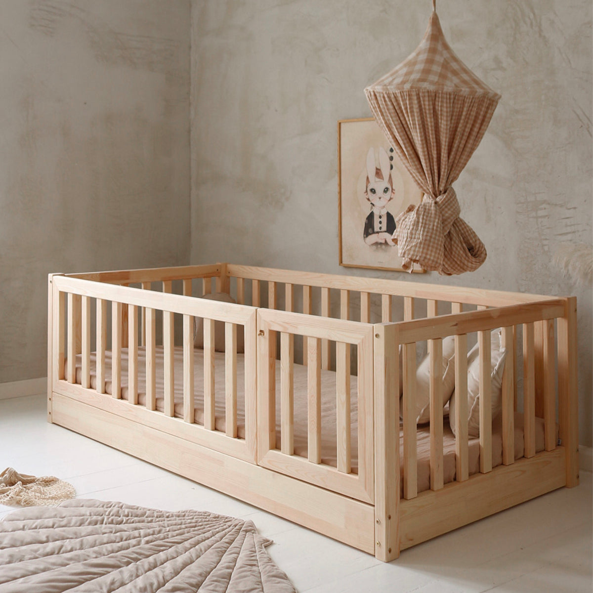 Lit au sol 120x200 entrée droite barrière et sommier inclus Bambino Bois - vue 5