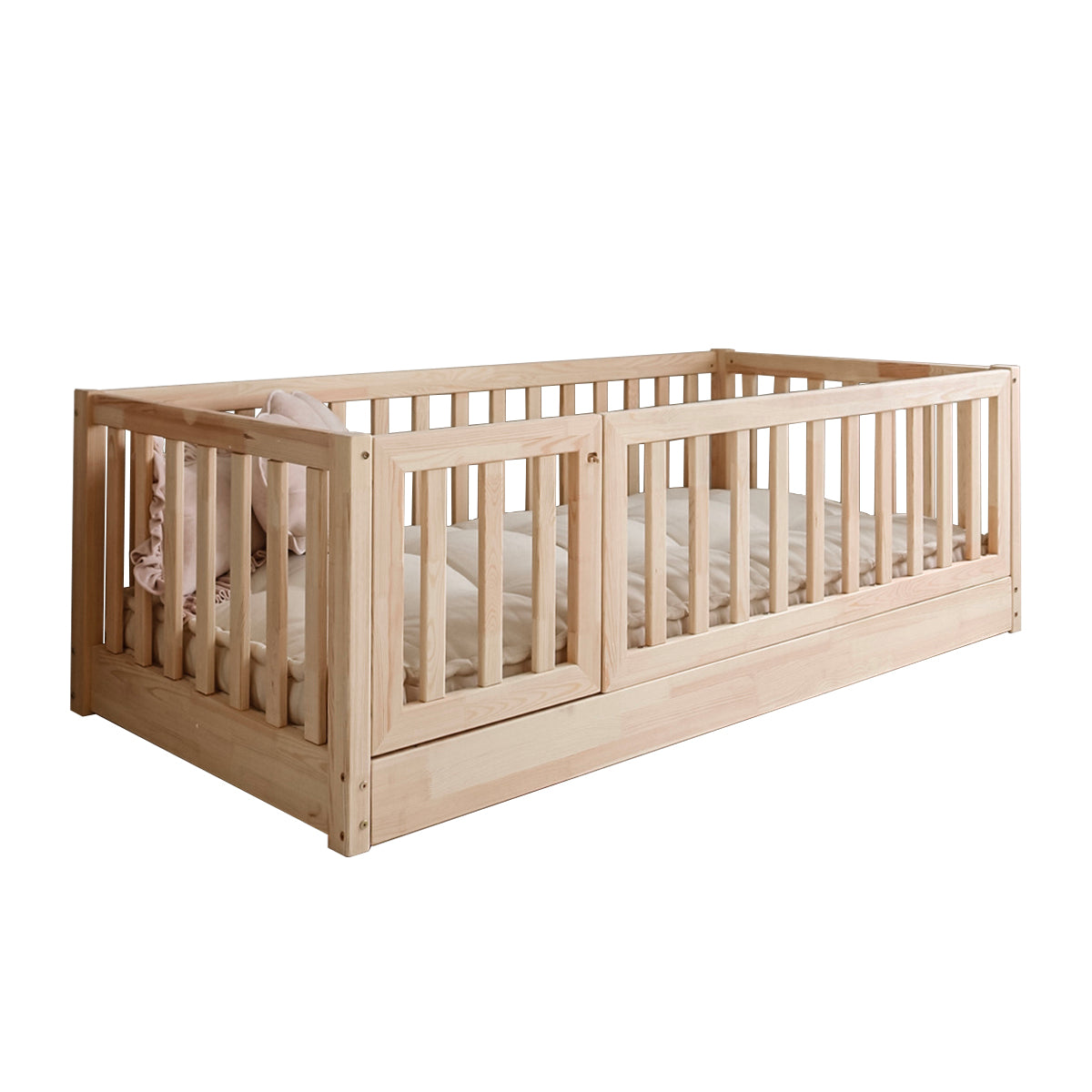 Lit au sol 120x200 entrée gauche barrière et sommier inclus Bambino Bois - vue 2