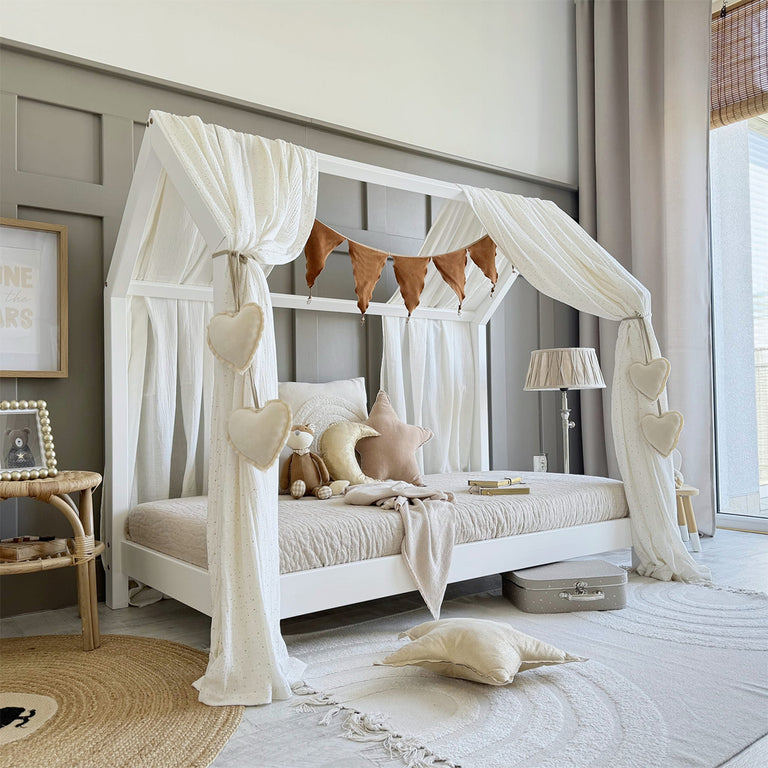 Ciel de lit en mousseline double pour 70x140 Blanc et or