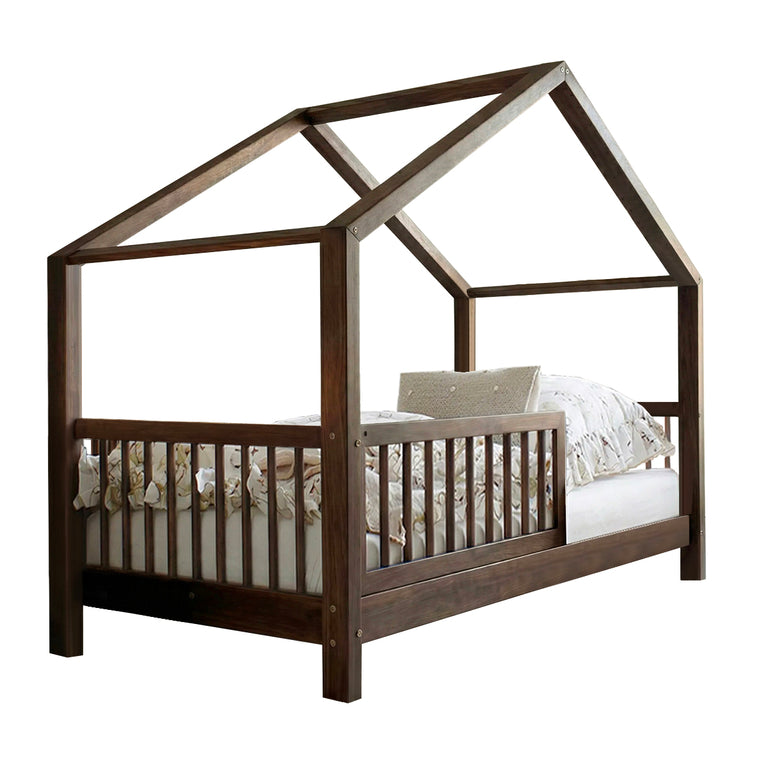Lit cabane 90x190 barrière et sommier inclus pieds 10 cm Rosalie Bois foncé - vue 2