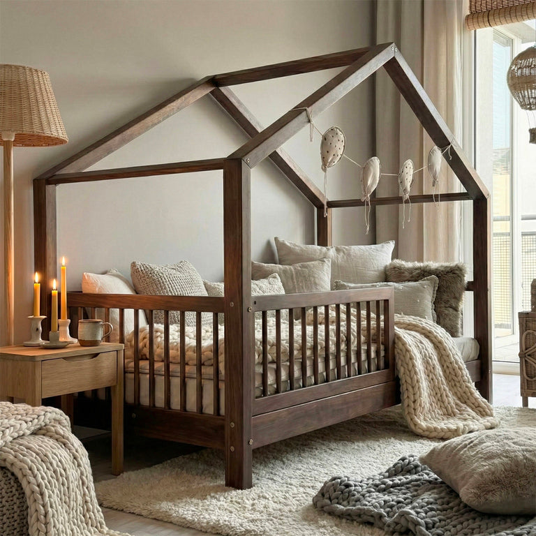 Lit cabane 90x200 barrière et sommier inclus pieds 10 cm Rosalie Bois foncé