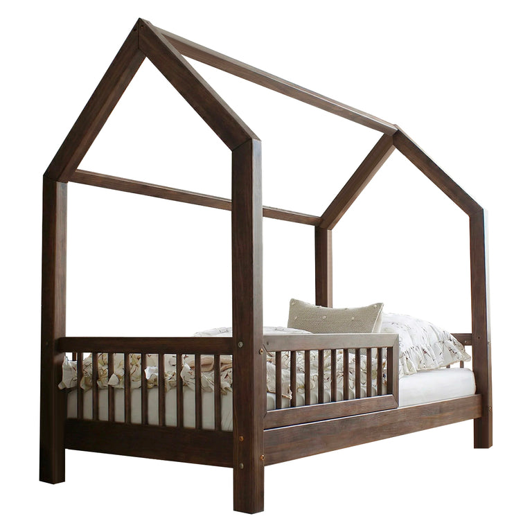 Lit cabane 90x190 barrière et sommier inclus pieds 10 cm Sofia Bois foncé - vue 2