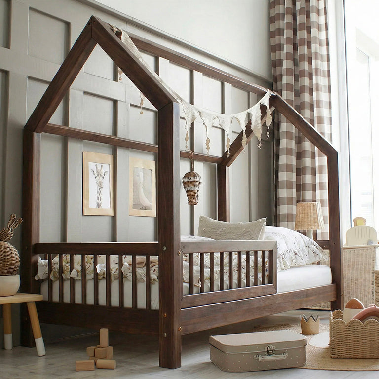 Lit cabane 90x190 barrière et sommier inclus pieds 10 cm Sofia Bois foncé