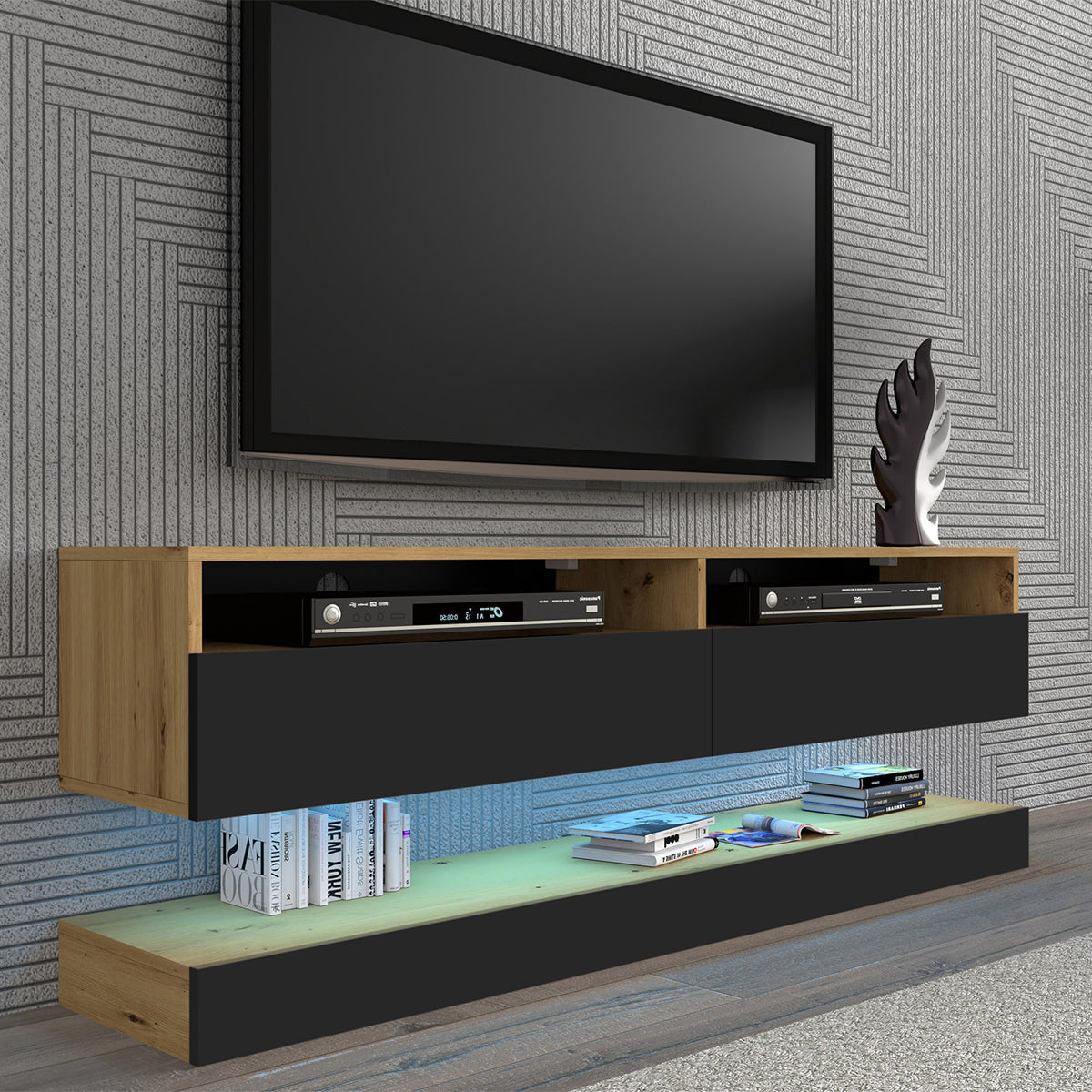 Mur TV 2 portes 160 cm Vega Bois et Noir - vue 3